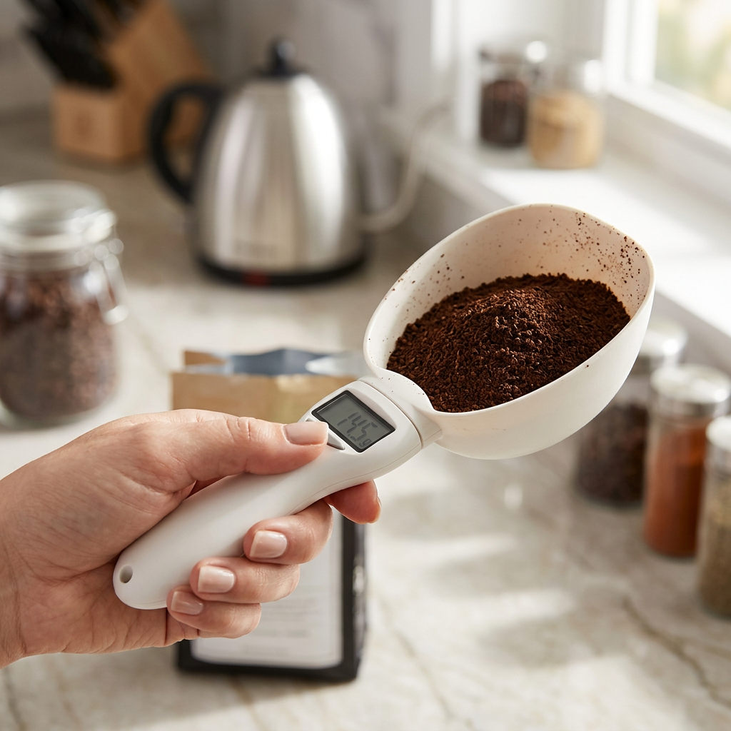 Łyżka Spoon Master™ z odmierzoną porcją kawy mielonej trzymana w dłoni